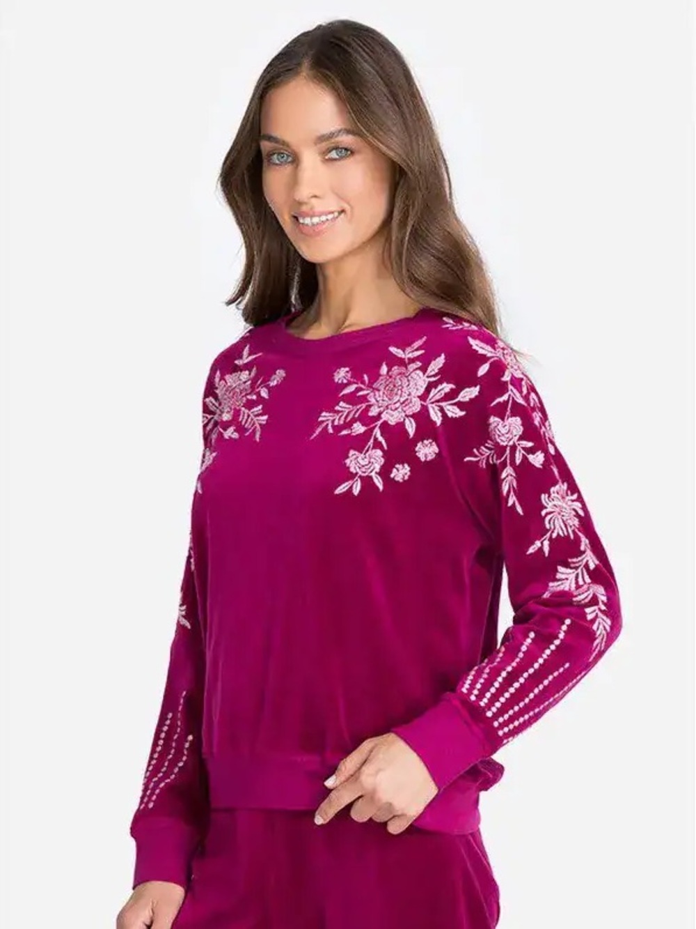 Johnny Was Magenta Leona Relaxed Velour Embroidered Raglan Sweatshirt | XS